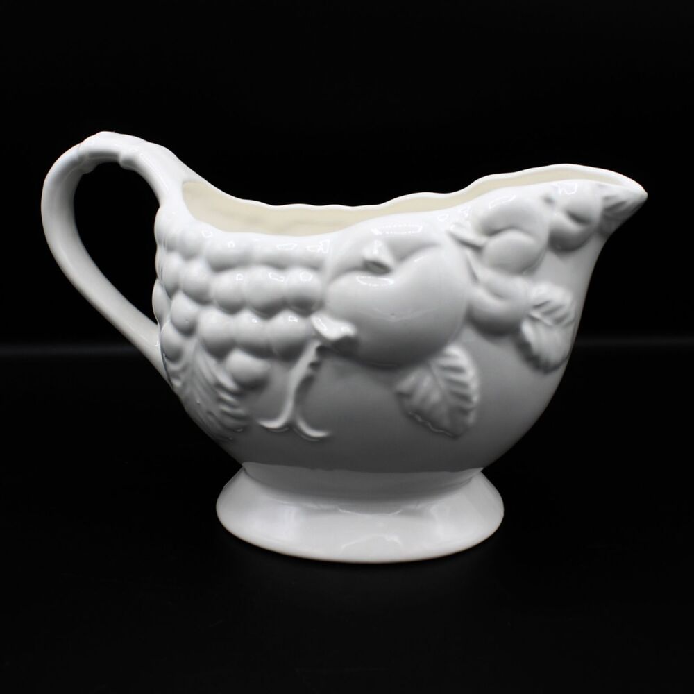 Vintage White Ceramic Gravy Boat Embossed Fruit Design Signature SIG Japan 24 oz